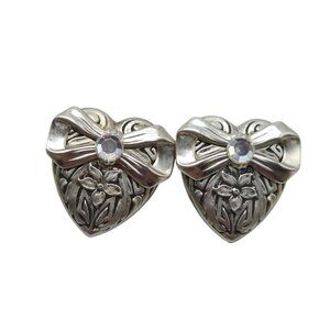 Vintage Silver Tone Heart Clip On Earrings Clear Rhinestone Center Floral Design